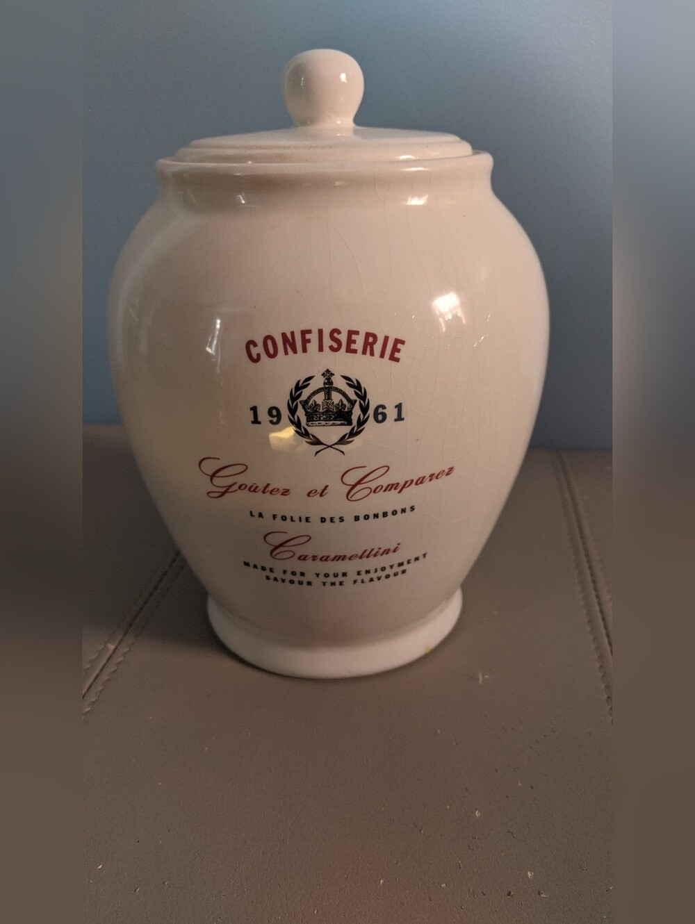 Vintage 1961 Confisere Ceramic Confectionary Jar in cream with red and black